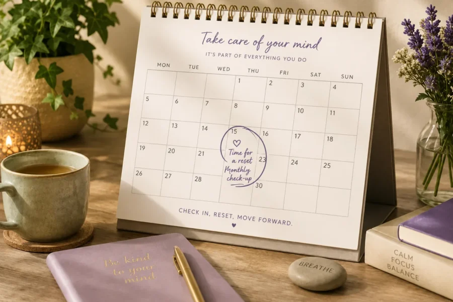 Desk calendar marked for a monthly reset, surrounded by tea, lavender, a journal and calming décor.